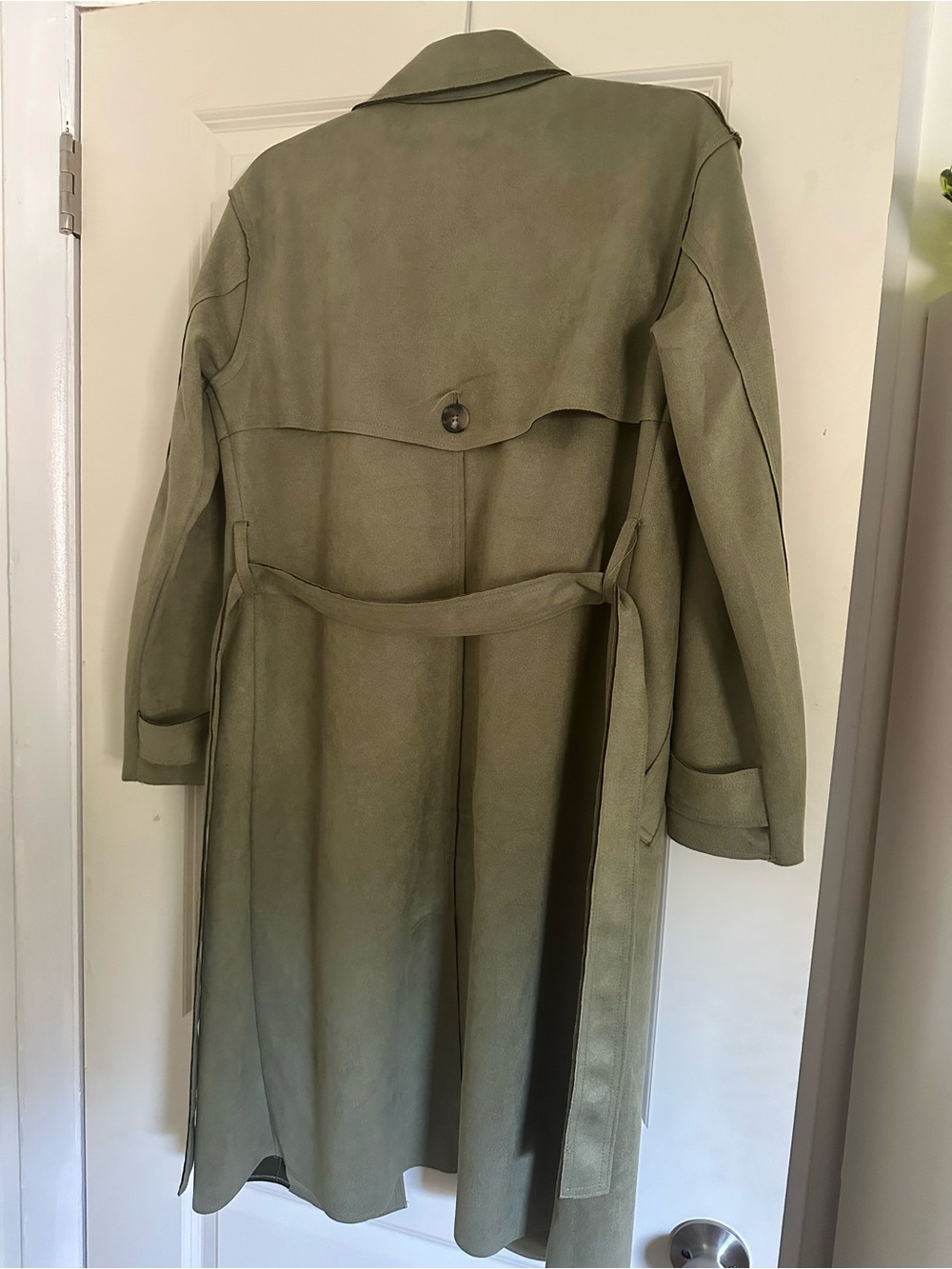 Olive Green Suede Trench Coat - Double-Breasted Detail - Picture 4 of 4
